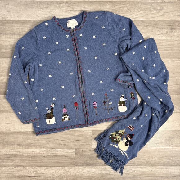 Vintage Sweaters - Vintage Snowman Knit Cardigan 1X Blue Winter Sweater with Matching Scarf Novelty